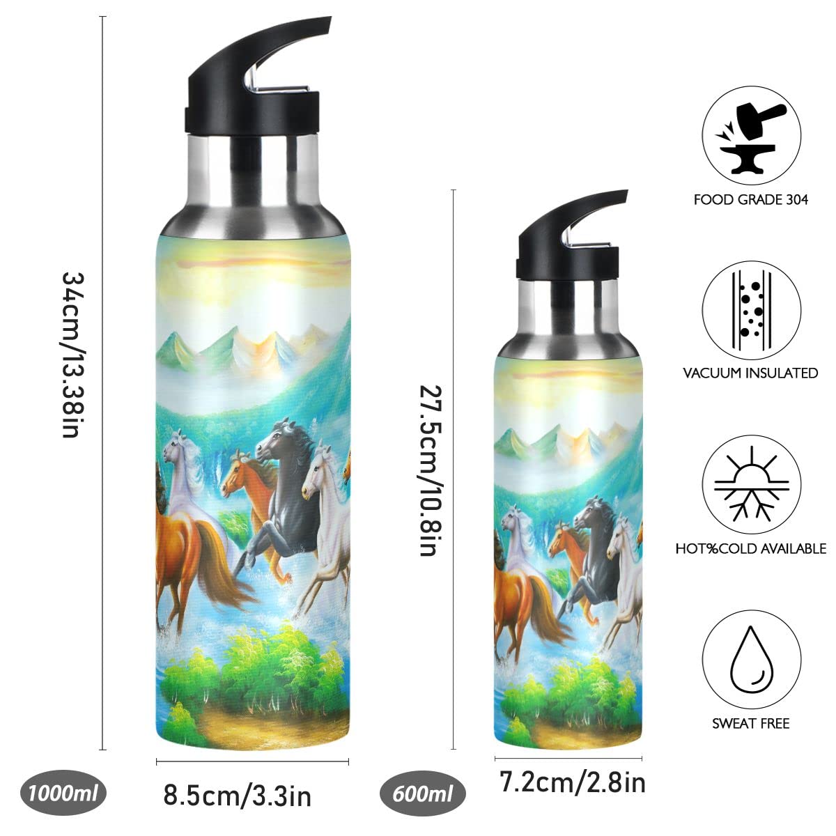 Edelstahl Wasserflasche mit Strohhalm, Pferdemalerei Isolierte Trinkflasche Sport Wasserflasche für Kinder Erwachsene, auslaufsicher, 1L