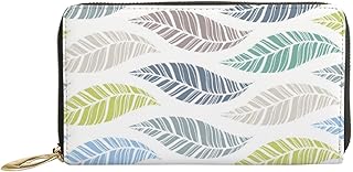 Carteiras femininas de couro genuíno padrão de folhas de penas coloridas porta-cartão de crédito com zíper organizador de embreagem de couro feminino bolsa longa de viagem, Padrão de folhas de penas coloridas, 7x4.3x0.8 Inches