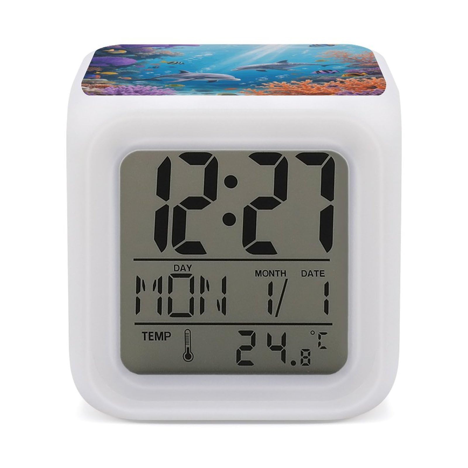 FodPand 7 Color Ambient Night Light Cube Battery Operated Dolphin Digital Clock with Snooze Temperature LED Digital Alarm Clocks Dimmable Wake Up Light Portable Mood Lamp for Bedroom Desk Gift