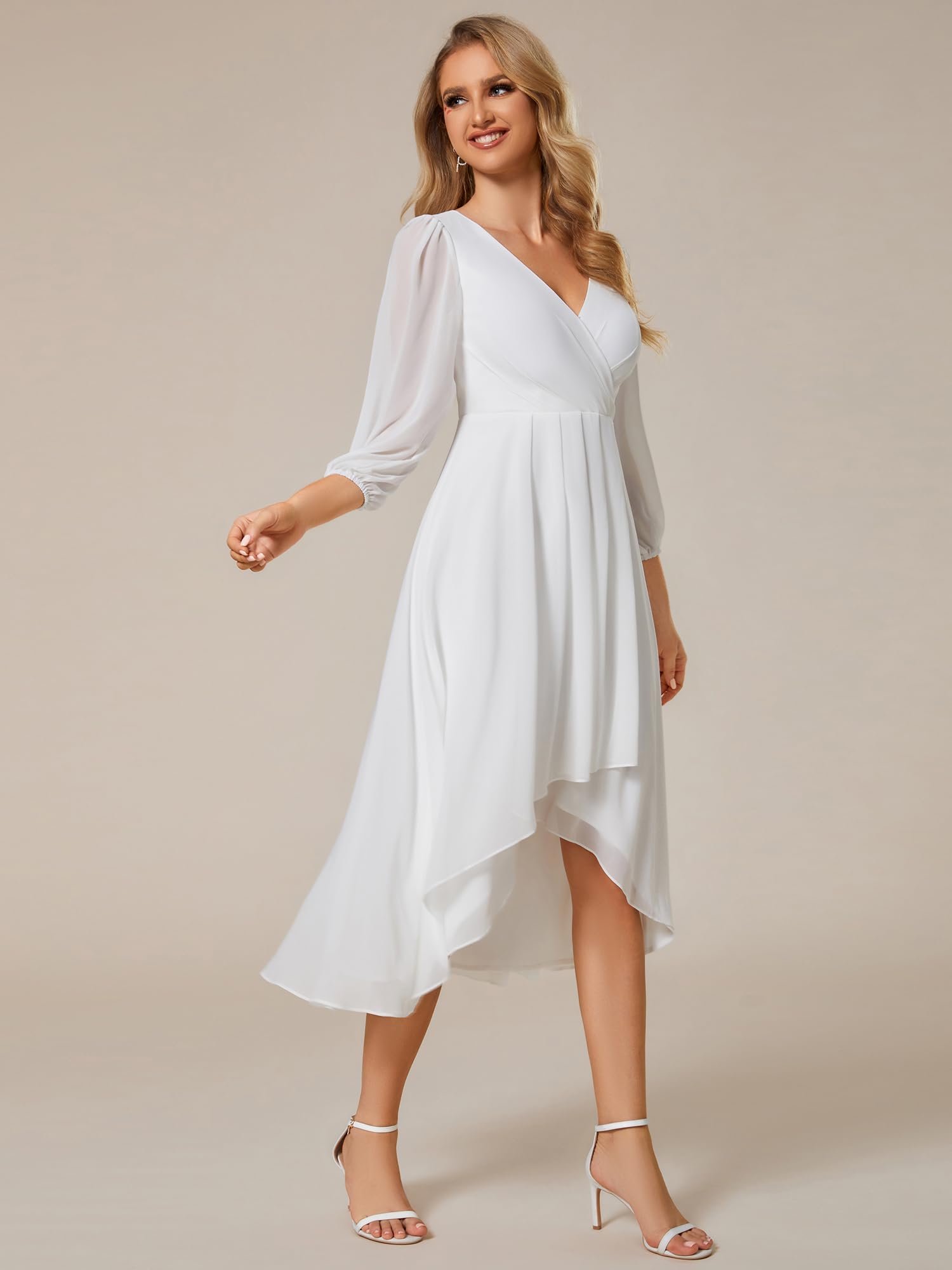 Ever-Pretty 01926 Robe plissée en Mousseline de Soie avec col en V et Manches Longues pour Femme
