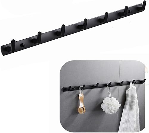 Percheros para colgar en la pared con 7 ganchos para colgar, toallero de 25.7 x 1.3 pulgadas, moderno color negro para colgar ropa, entrada y baño