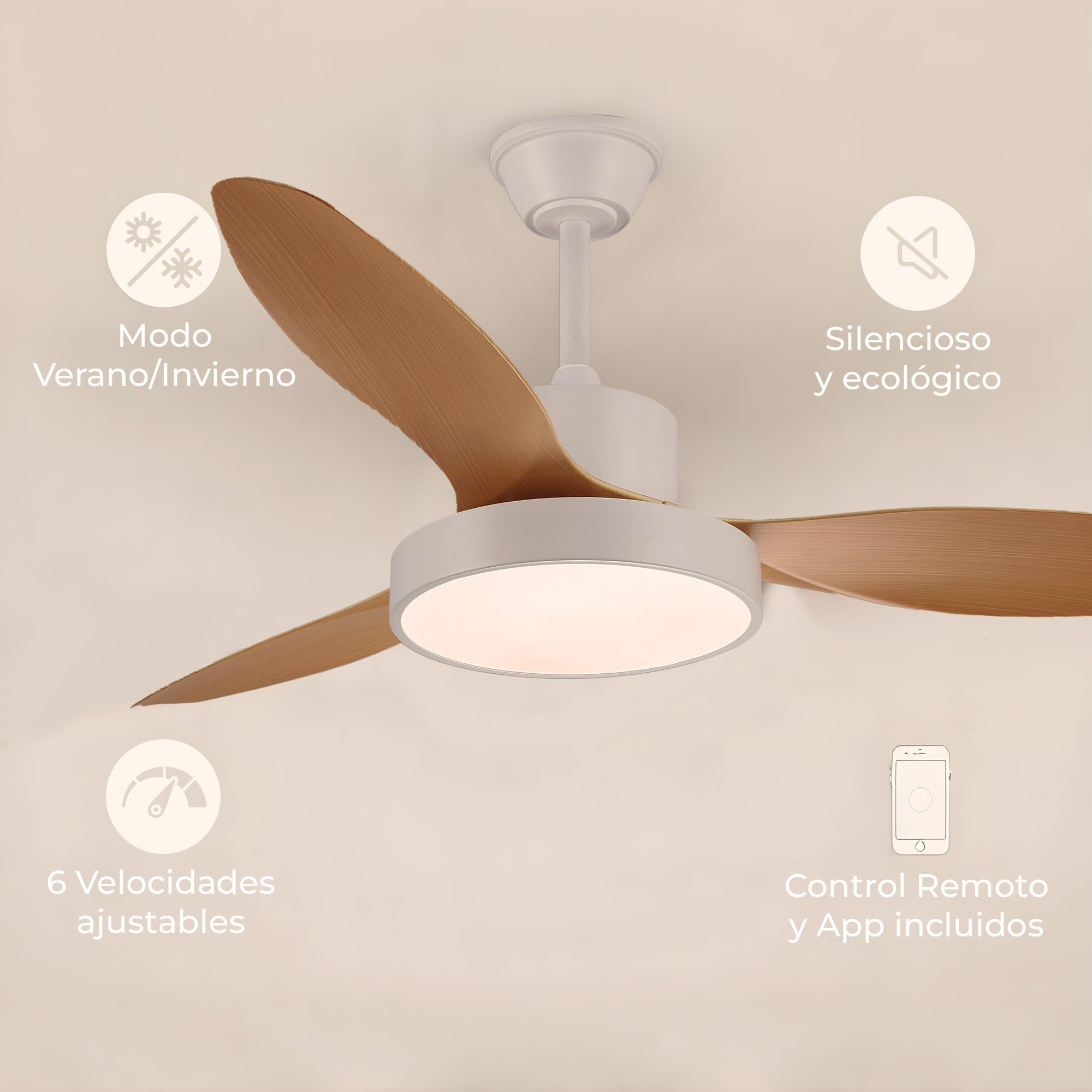 Ventilador de Techo con Luz LED y Aspas Reversibles - Diseño Premium, Silencioso con Mando a Distancia y Temporizador - Funcion Verano e Invierno y 3 Temperaturas de Luz LED (Blanco, L (120 cm))