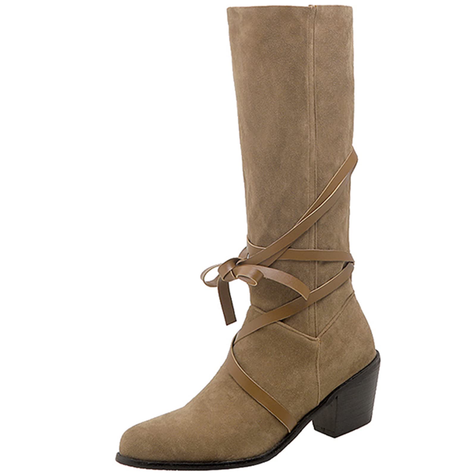 CUTEHEELS Damskie buty w stylu vintage, wsuwane na kolanach, wysokie i średnie łydki, z obcasami blokowymi i spiczastym noskiem, morela, 41 EU