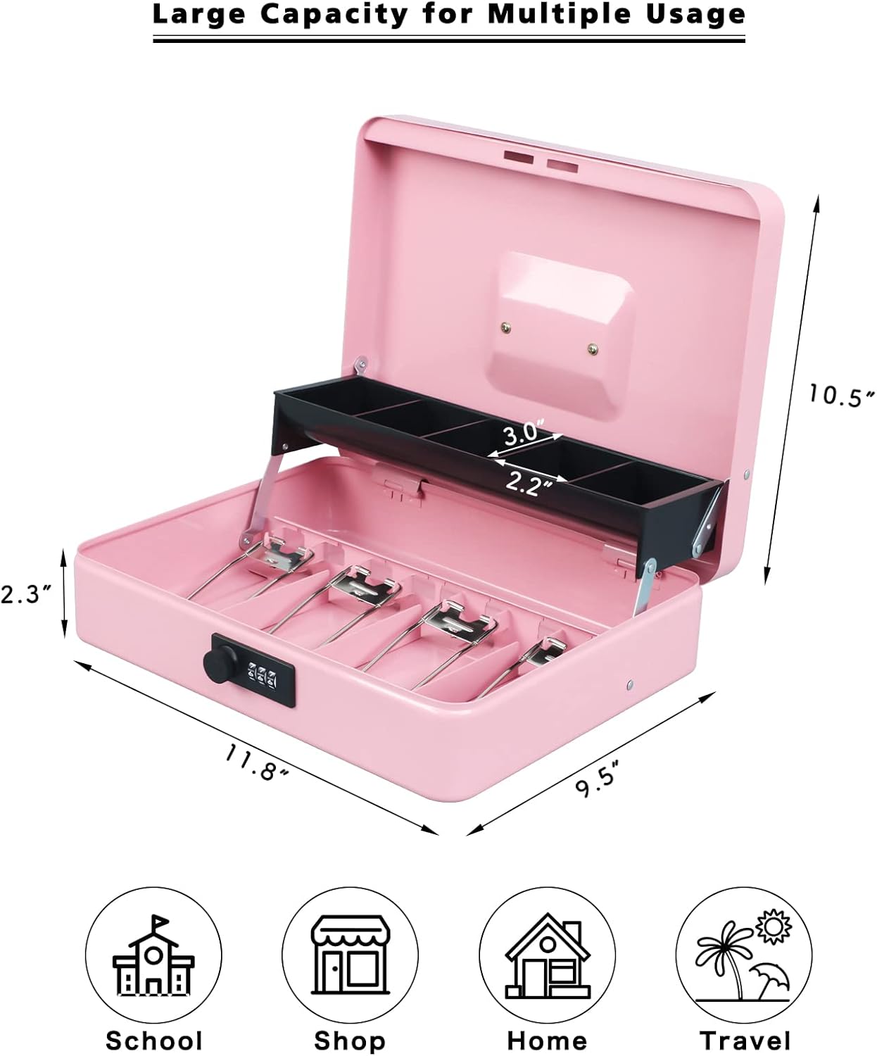 xydled Cash Box with Money Tray and Combination Lock,Tiered, Cantilever Design,4 Bill / 5 Coin Slots,11.8 x 9.5 x 3.5,Pink