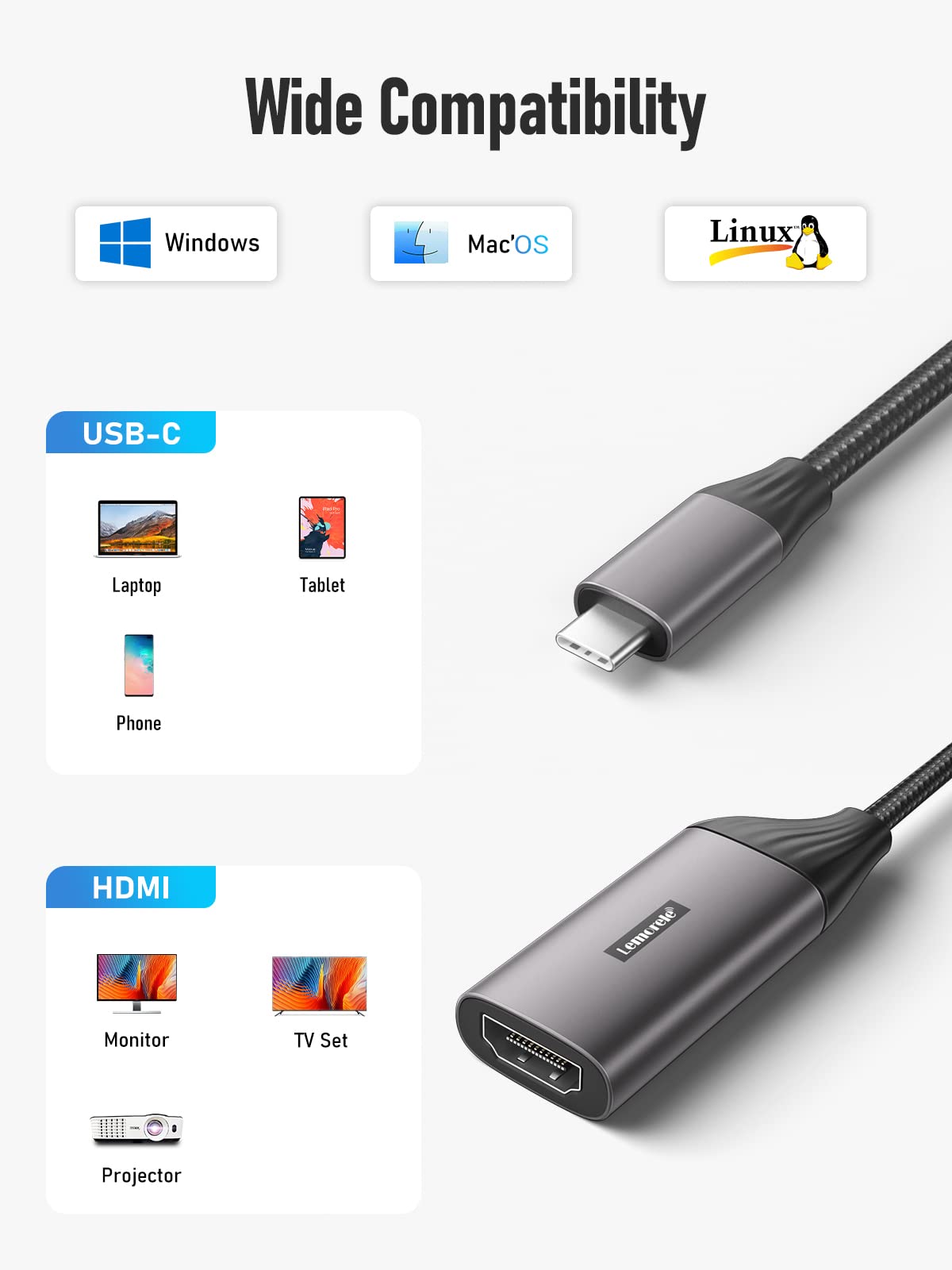 Lemorele Adattatore USB C HDMI(4K@30Hz), USB C HDMI con Alloggiamento in Alluminio e Cavo in Nylon, Adattatore HDMI Compatibile con MacBook Air/Pro M1, iPad M1, Cellulare, Switch, Windows e altro
