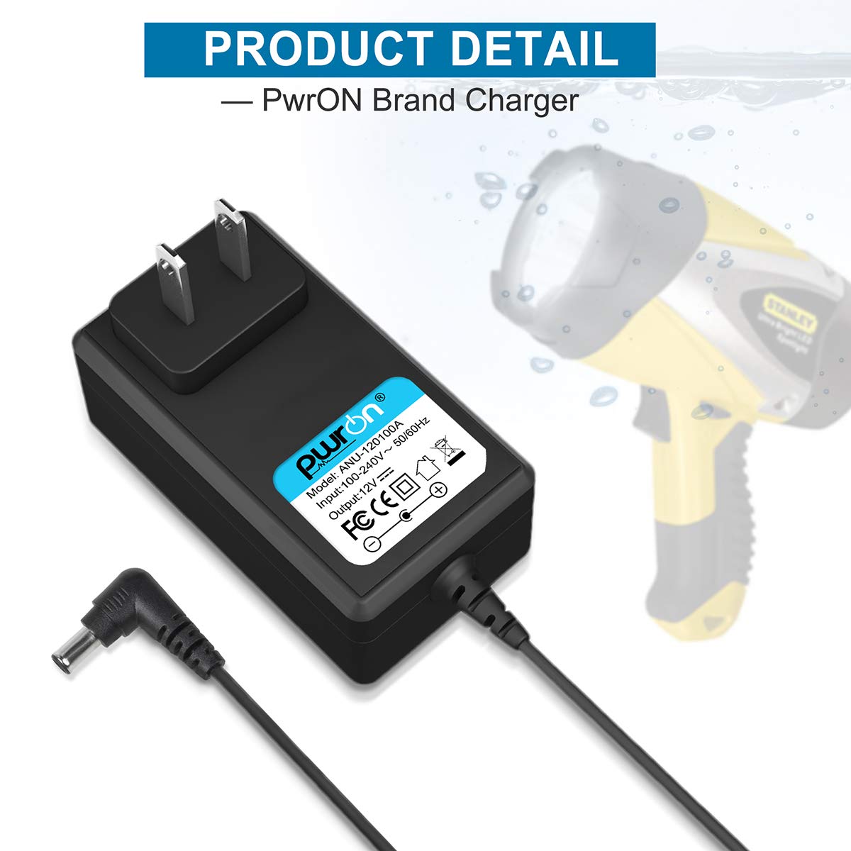 PwrON AC Adapter Compatible with Stanley Fatmax SL10LEDS 10 Watt Li-ION LED Rechargeable Spotlight, SL1M09 SL5W09 HID0109 FL5W10 FL3WBD LED Rechargeable Flashlight 12VDC Power Supply Cord