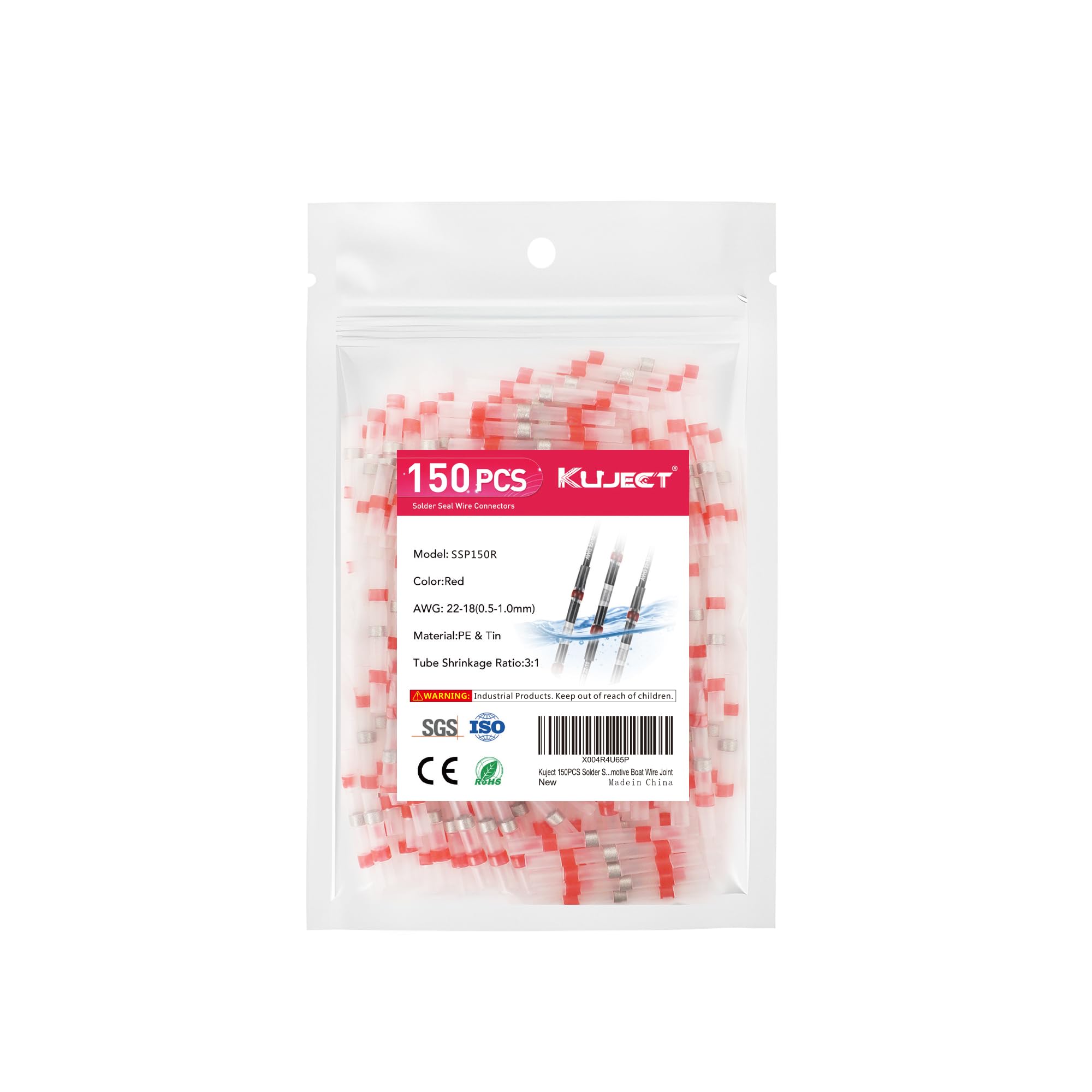 Kuject Solder Seal Wire Connectors, Red Solder Seal Heat Shrink Butt Connectors Terminals Solders Sleeve Waterproof Wire Splice Connector for Marine Automotive Boat Wire Joint