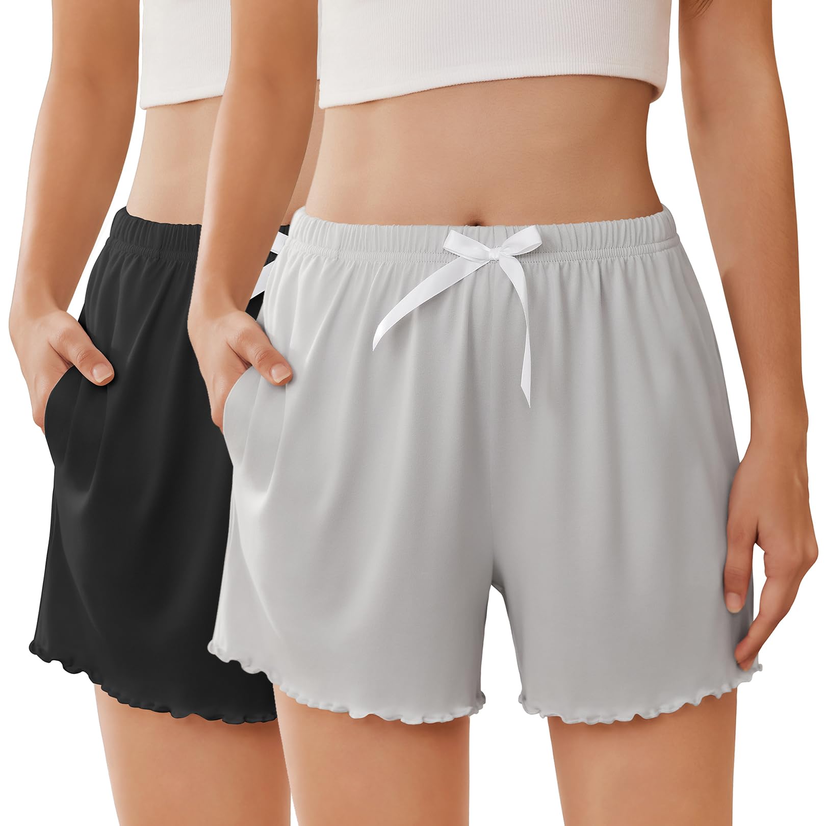 2 Pack Womens Pajama Shorts 2026 Summer Casual Lounge Sleep Short Ruffle Soft Comfy Pj Bottoms with Pockets-image-48