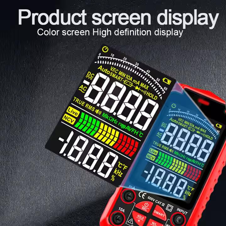 Close-up of the ZLLJMETER ZL118 multimeter's color screen high definition display showing various measurement readings and indicators like DC, AC, True RMS, Live, NCV, Hz, kHz, °C, °F, %.