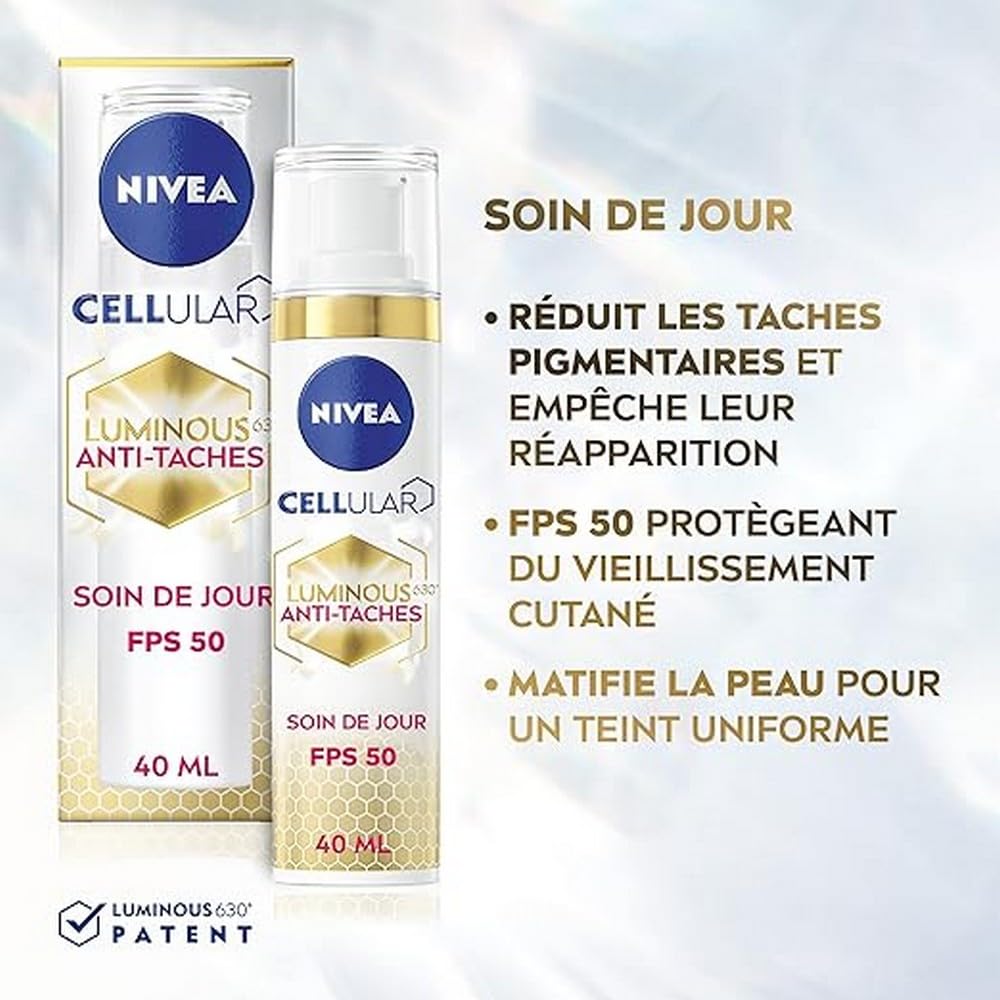NIVEA Cellular Luminous 630® Day Care SPF 50 Anti-Stain (1 x 40 ml), Face Care Enriched with Hyaluronic Acid & Vitamin E - Image 2