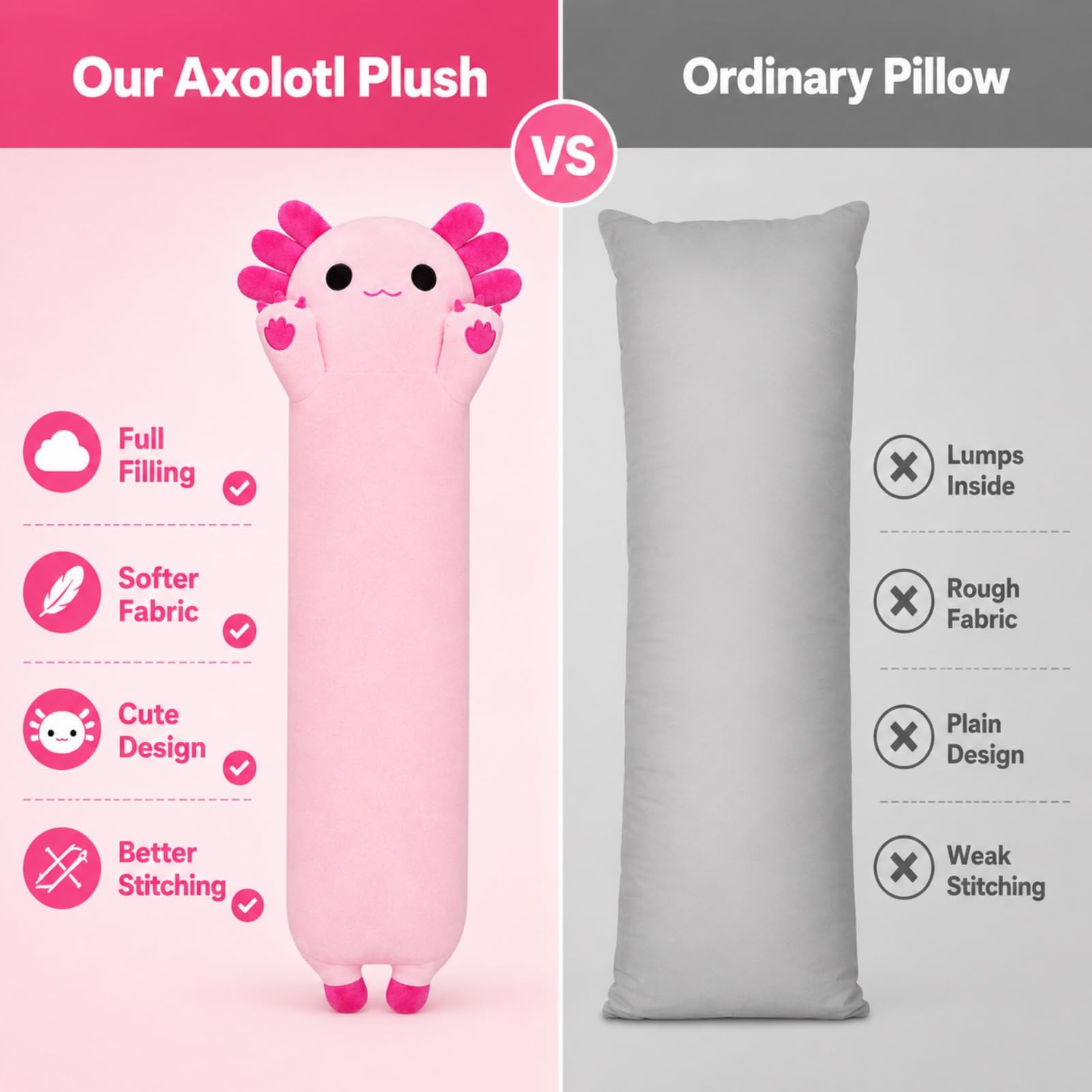 SNOWOLF Gefüllte Axolotl Lange Kissen Plüsch Tier Spielzeug Weiche Kawaii Stuff Kuscheltier Spielzeug Entzückende Umarmung Kissen für Kinder (90cm, rosa)
