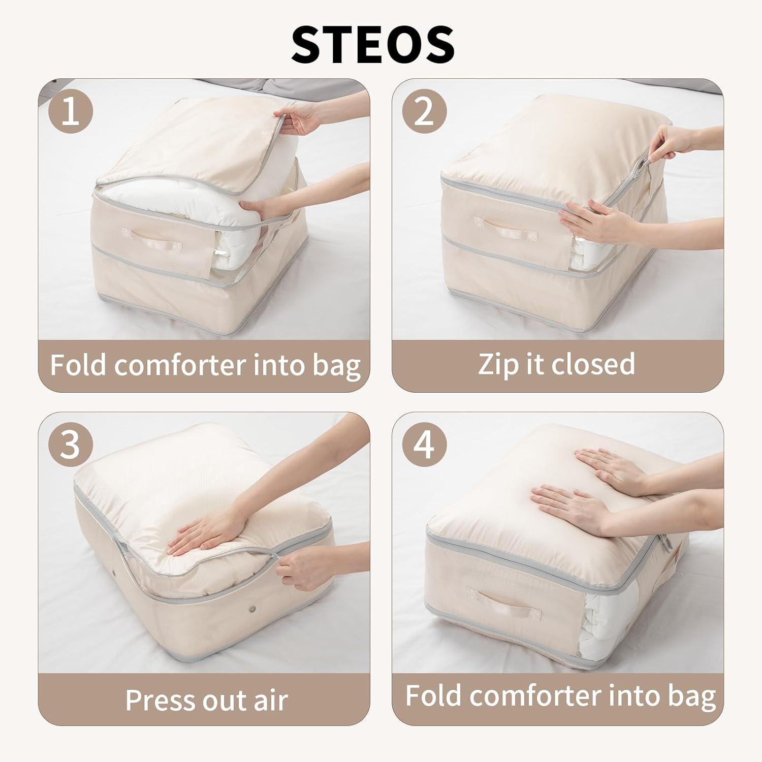 DIMJ Sac de Compression - Housse de Rangement Vetement Couette Lot de 4, avec Poignées Renforcées, Organisateur D'auto-Compression pour Couettes, Vêtements, Oreillers, Linge de Lit, Beige