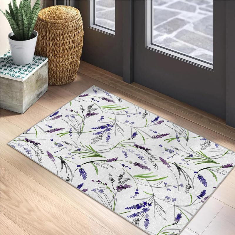 Alfombra de área pequeña color morado de 2 x 3 pulgadas, lavable, alfombra de entrada con estampado de salvia, suave, antideslizante, para puerta