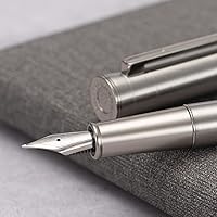 Vista 3 de HONG DIAN Pluma estilográfica 1861, punta de hoja larga, diseño de acero inoxidable plateado con convertidor y estuche de metal