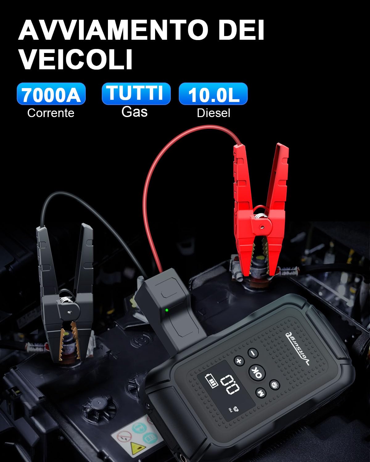 Avviatore Emergenza per Auto, 7000A Jump Starter Booster Avviatore Batteria Auto con Compressore 150PSI (All Gas or 10.0L Diesel) 12V Avviatore di emergenza, Jump Starter, Torcia a LED