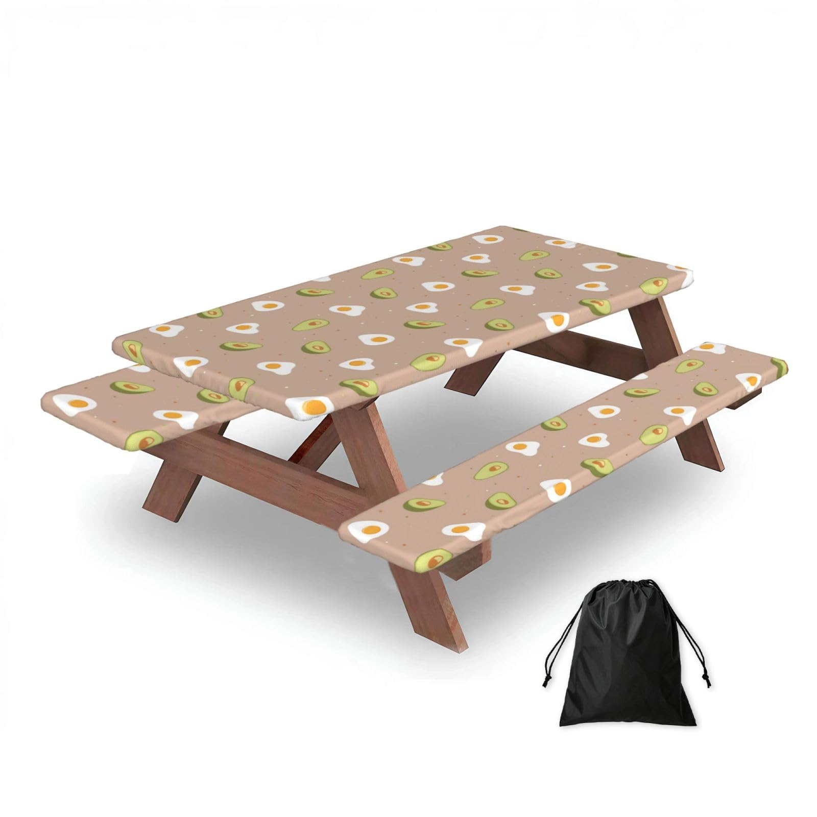 Dopklna As Picture Egg And Avocado, Picnic Table Cover With Bench Covers -Waterproof Elastic Fitted Tablecloth For Garden Camping Patio 76X152cm