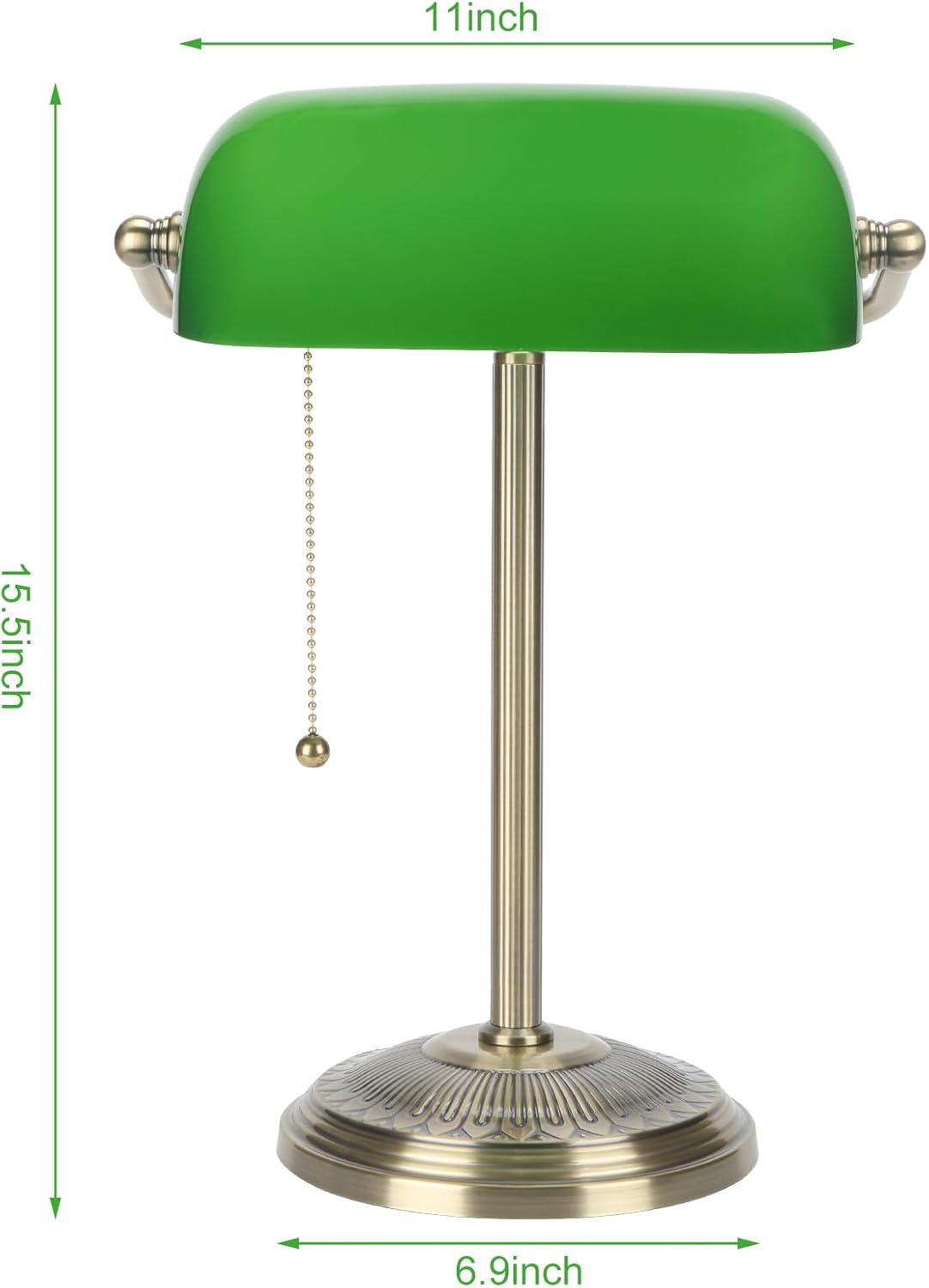Bankers Lamp, Green Desk Lamp with Brass Finish, Classic Table Lamp with Pull Switch for Home, Office, Study (Green)