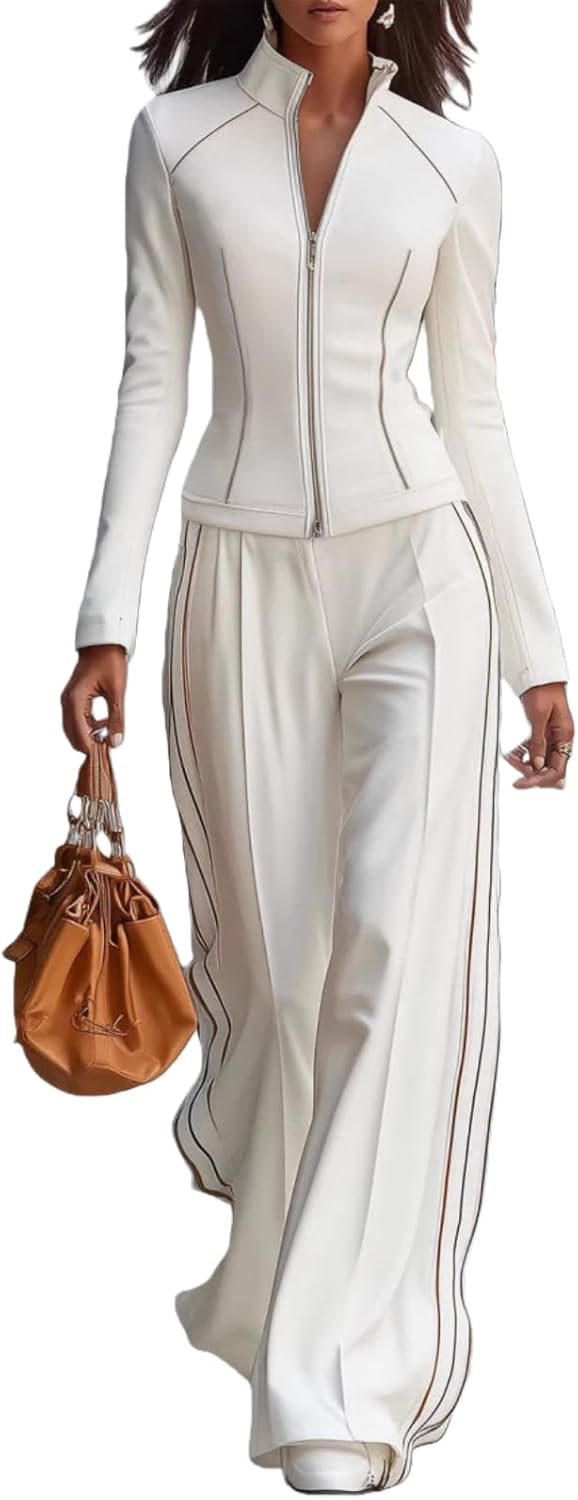 Women's 2 Piece Outfits White Trimmed Turtleneck Long Sleeve Top Wide Leg Pants Belt Two Piece Set Elegant Color Block Outfit