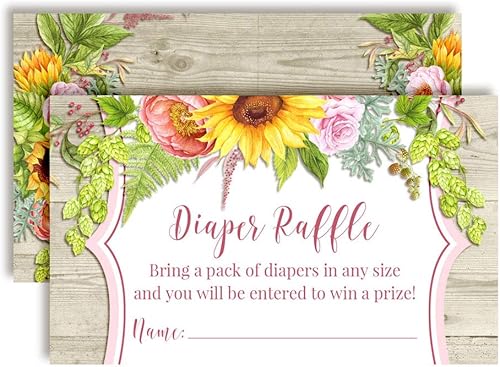 Amanda Creation Boletos para sorteo de pañales florales de girasol, dalia y peonía para baby showers, 20 insertos de doble cara de 2 x 3 pulgadas,