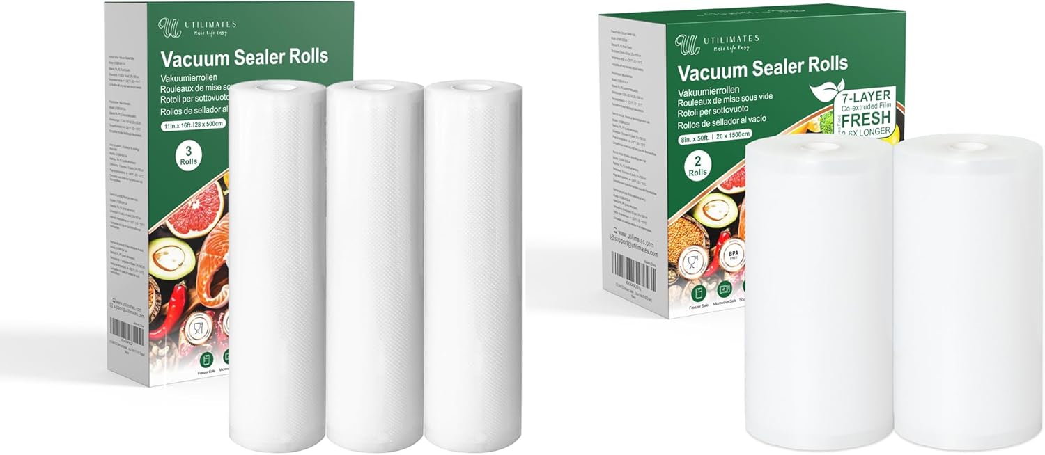 Vacuum Sealer Bags Rolls Bundle, 11 in 16 ft 3 Rolls and 8 in 50 ft 2 Rolls, BPA-free Heavy Duty, for Freezer Food Storage Seal a Meal Sous Vide