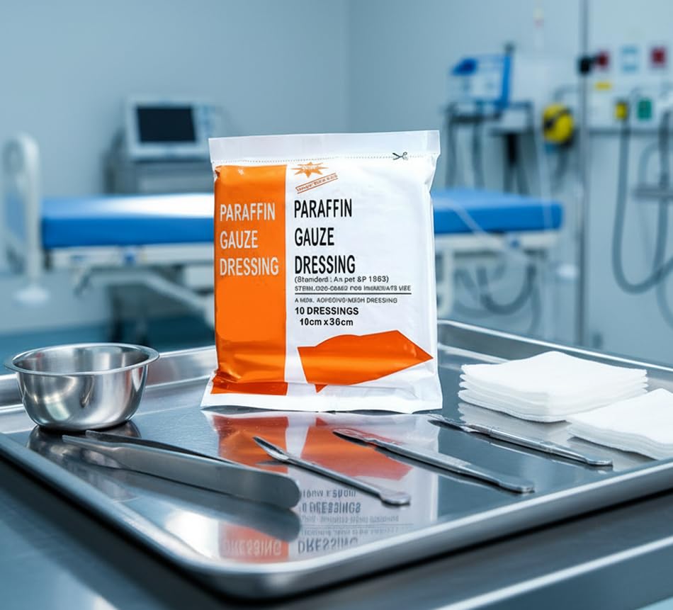 Paraffin Dressing Gauze (Bactigras) 10cm x 10cm Standard Ready For Use_Pack of 20Pcs In Tin box Packing.