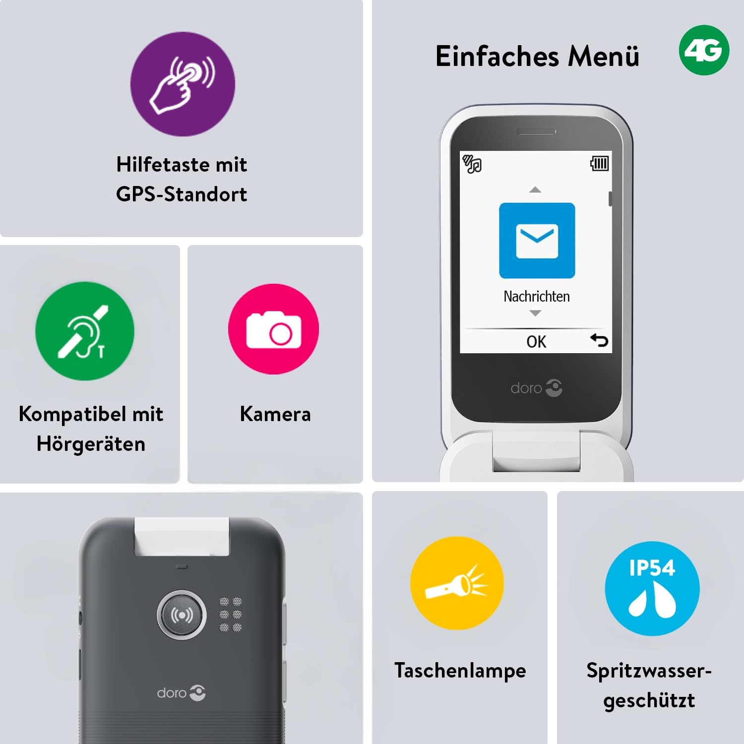 Doro - Leva L30 - Seniorenhandy - 4G-Klapphandy ohne Vertrag - Externes Display - HD-Audioqualität - Kamera - Notruftaste mit GPS - Inklusive Ladestation - Rot/Weiß