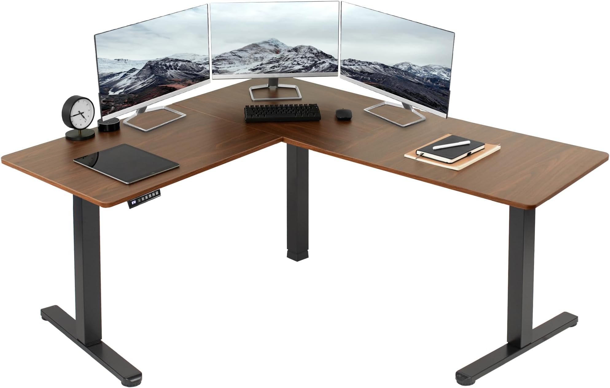 VIVO Corner Standing Desk, 63 x 55 inch Reversible L-Shaped Workstation, Electric Height Adjustment, Home, Office, and Reception Rooms, Dark Walnut Table Top Black Frame, DESK-E3CTD