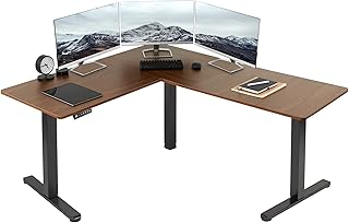 VIVO Electric Corner 63 x 55 inch L-Shaped Standing Desk, Memory Height Adjustment, Dark Walnut Top Black Frame, DESK-E3CTD