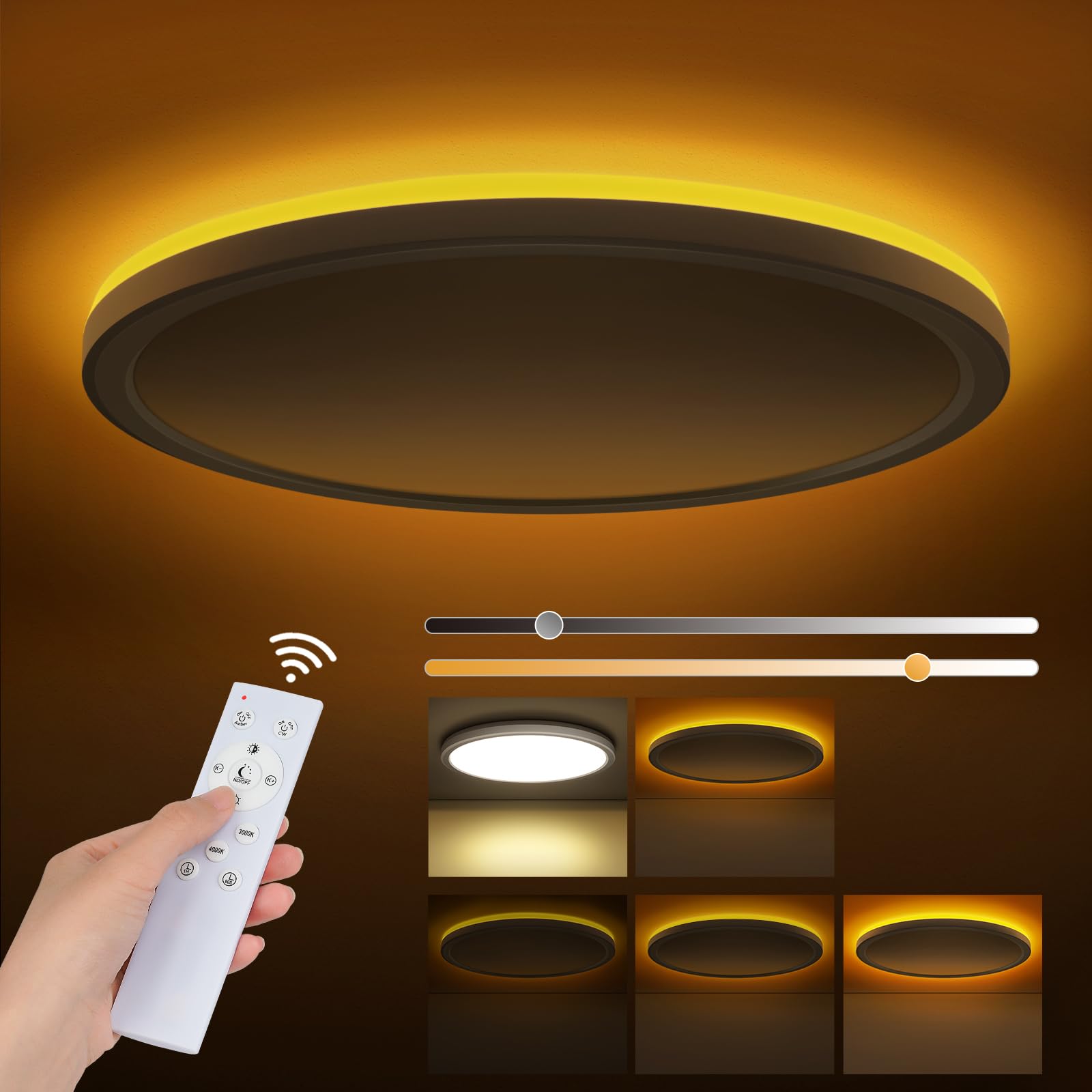 Tyreses 24W Dimmable LED Ceiling Light, LED Ceiling Light with Remote Control, Dimmable 1800K Night Light, Panel 3000K-6500K, Ultra Slim Round LED Ceiling Light Suitable for Bedrooms, Children's