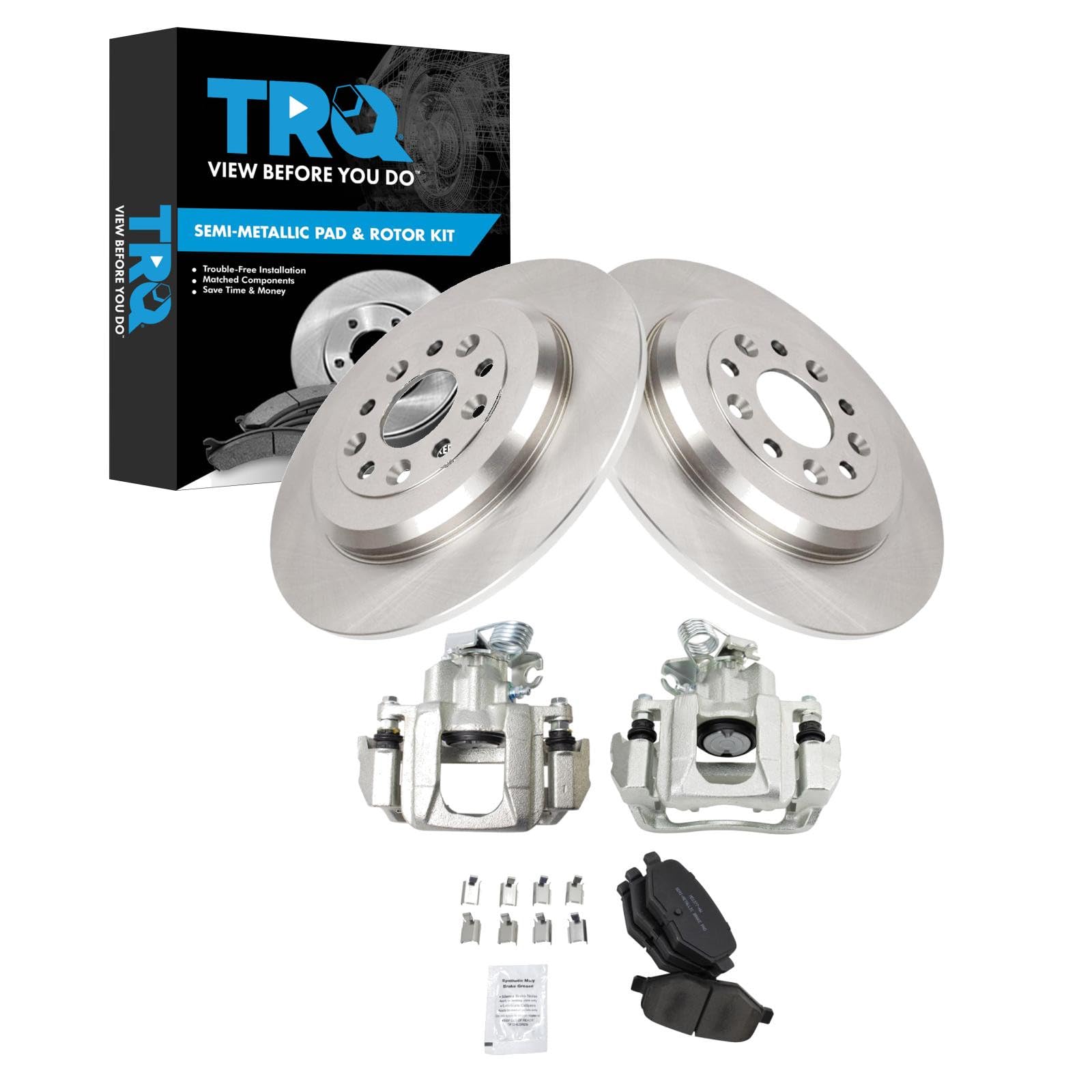 TRQ Rear Brake Pad and Rotor Set Semi Metallic Rotors Calipers Compatible with 2009 Ford Flex 2010-2012 Taurus 2009-2012 Lincoln MKS