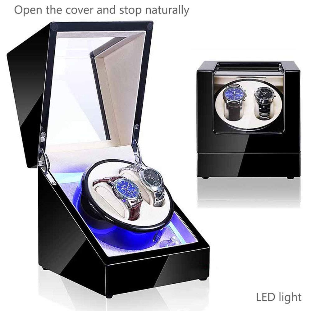 Watch Double Automatic Watch Winder Box LED Switch 5-Speed Adjustment Mode Wooden Luxury Storage Case for 2 Wrist Watches (D)