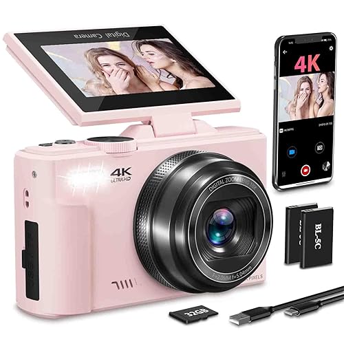 4K Digital Camera for Photography with 3" 180°Flip Screen,64MP Vlogging Camera for YouTube, HD WiFi Compact Camera with Flash, 18X Digital Zoom, 32GB TF Card & 2 Batteries（Pink） - Pink