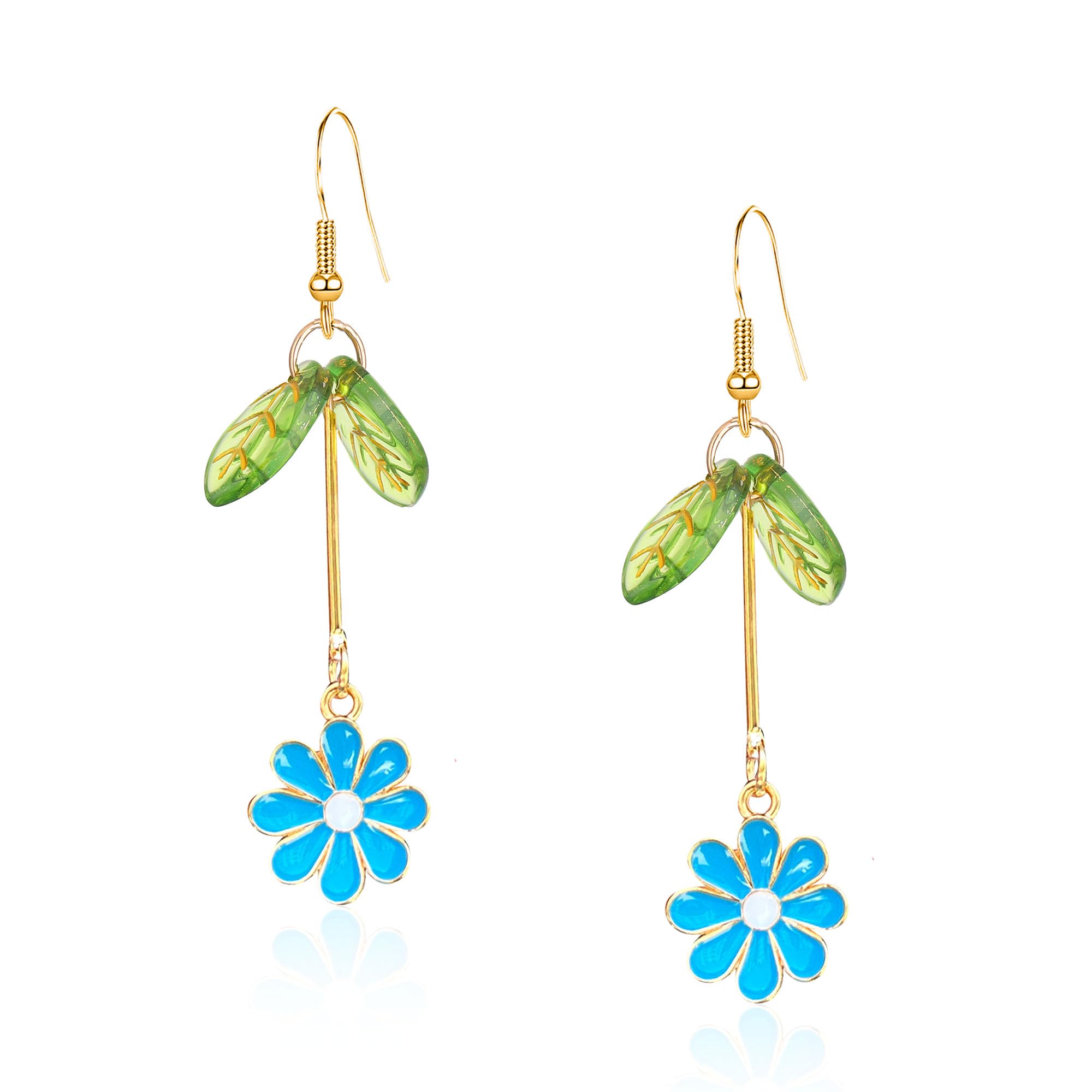 Just Follow Alloy Daisy Flower Drop Dangle Earrings Long Tassel Bohemian Flower Statement Earrings for Women Gifts With Green Leaf (Blue)