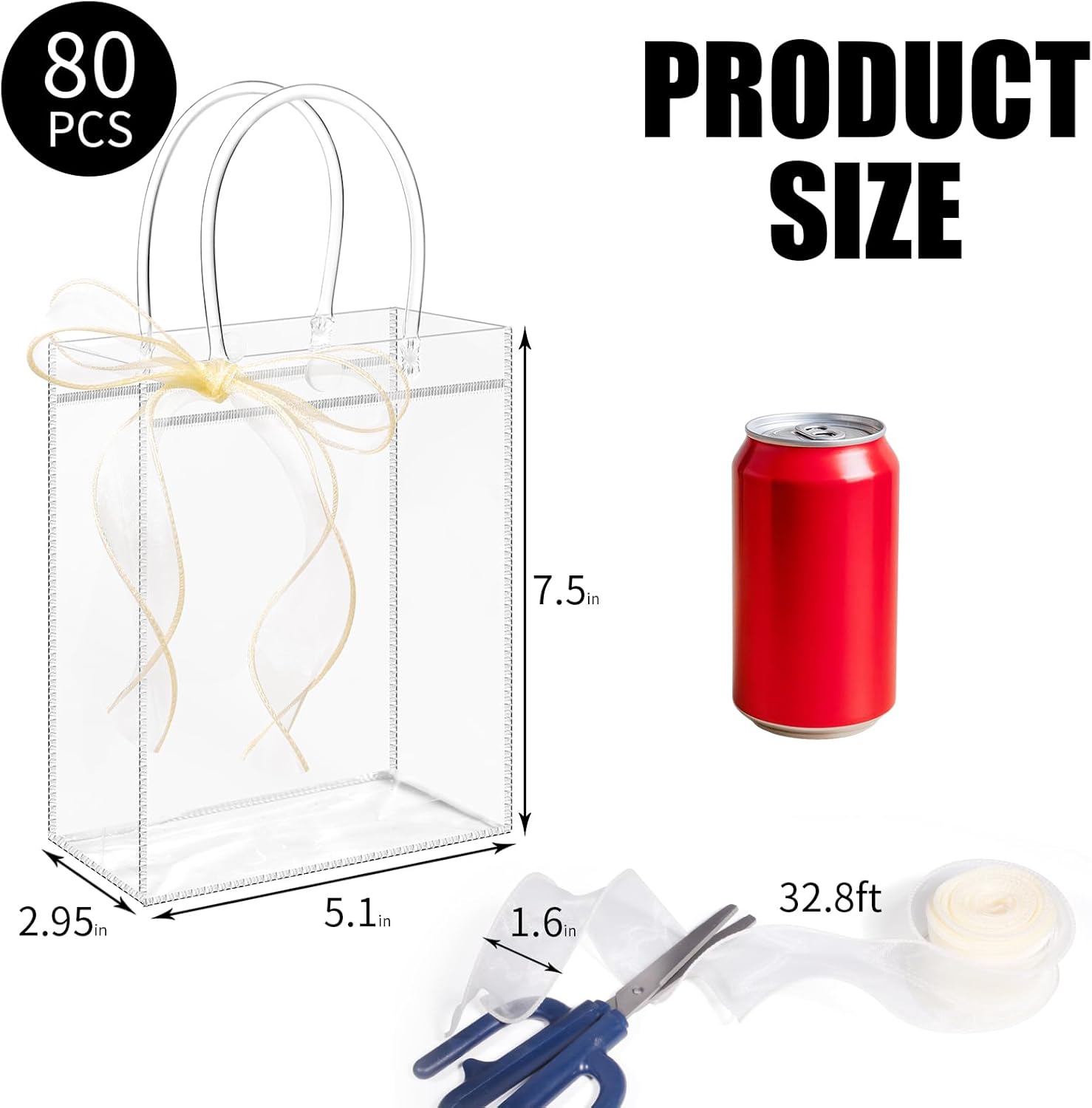 WDSHCR 80 PCS Clear Plastic Gift Bags with Handles, Party Favor Bags with Ribbons, Reusable Goodie Tote Bags for Wedding, Baby Shower, Birthday (Clear 5.1 x 7.5 x 3.1, 80 Pack)