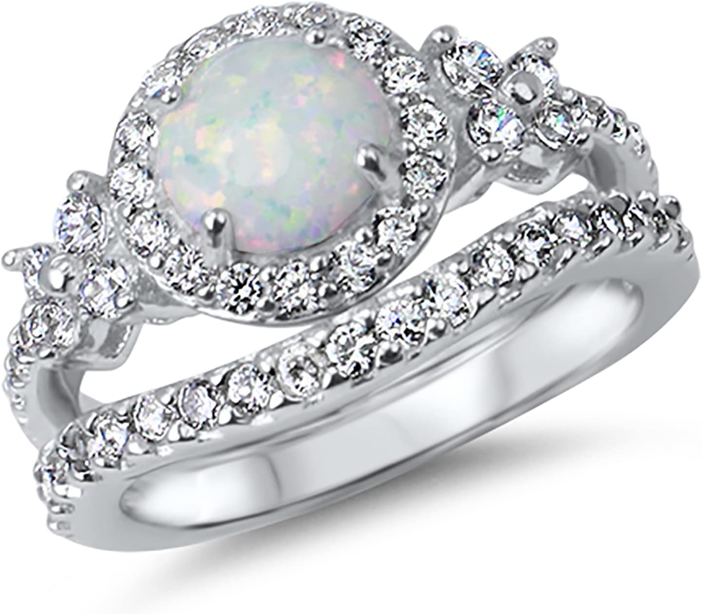 LaRaso & Co His Hers TRIO Wedding Set Titanium Band Sterling Silver White Opal Bridal Engagement Ring Set Him Her