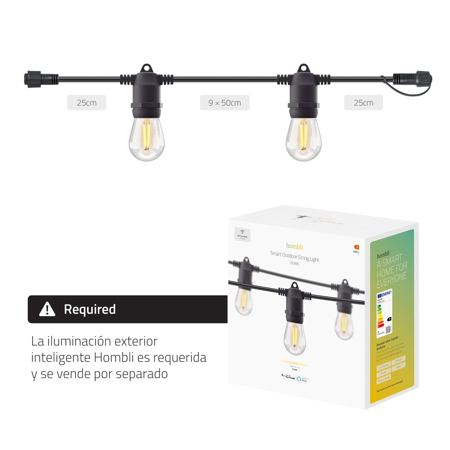 Hombli Extensión para Guirnalda de Luces Exterior, Cable de 5m | 10 Bombillas de Luz Cálida para Jardín, Terrazas, Decoración de Balcón y Bodas | Brillo Ajustable | Control por Voz | Impermeable IP65