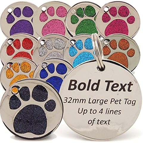 Personalised Engraved 32 & 36mm Glitter Paw Print Tag BOLD Contrasting Text, Large & Very Large DOG Pet ID Tags (32mm, Light Pink) Cover