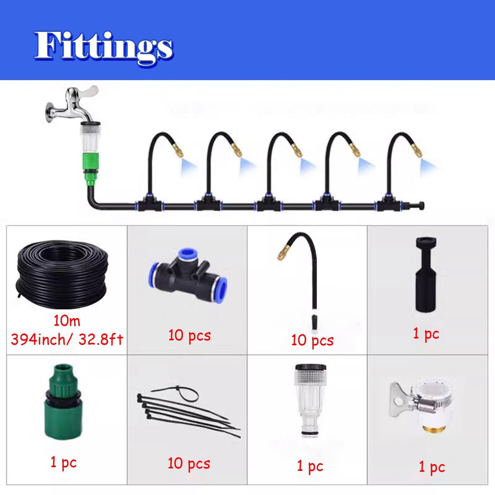 Kit irrigazione Serra nebulizzazione, Tubo PE ugelli atomizzazione Ottone raccordi T, vivaio umidità raffrescamento(394inch/10m/32.8ft)