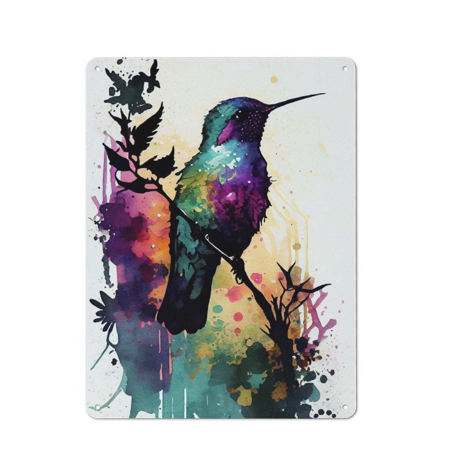 Junmoney Hummingbird Watercolors Metal Sign 40X30cm With For Pub Or Café, Retro Decor, Suited To Café Interior Fans