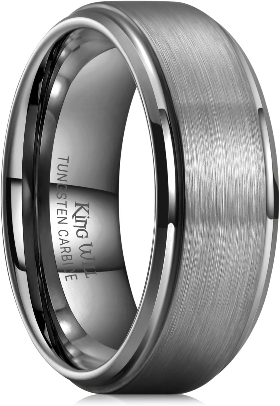 King Will Mens Brushed Wedding Band, Two Tone Matte Step Edges/Pipe Cut, Tungsten Carbide Anniversary Promise Rings Comfort Fit