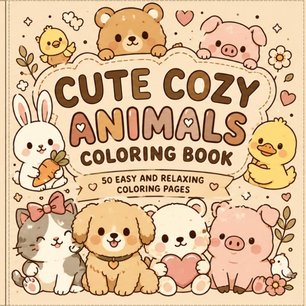 Cute Cozy Animals Coloring Book: 50 Easy and Relaxing Coloring Pages Featuring Adorable Kawaii Animals