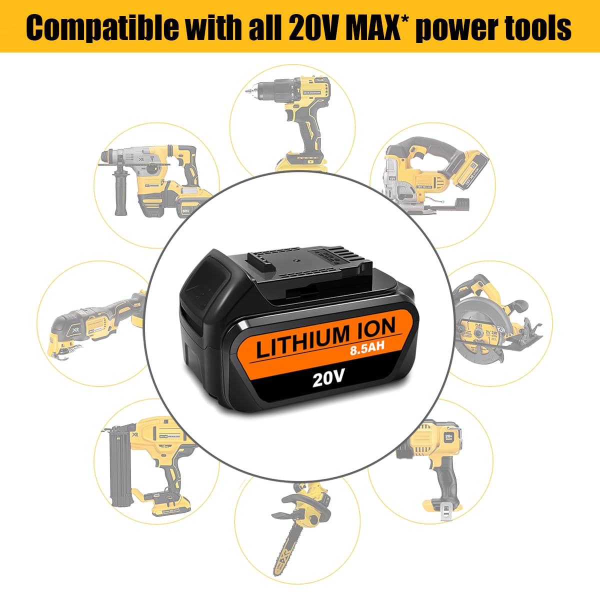 Lizone 8.5Ah 20V DCB207 Battery Replacement for Dewalt 20V 8.0Ah Battery DCB208 20V Max XR Lithium ion Battery Compatible with Dewalt 20V 7.0Ah Battery