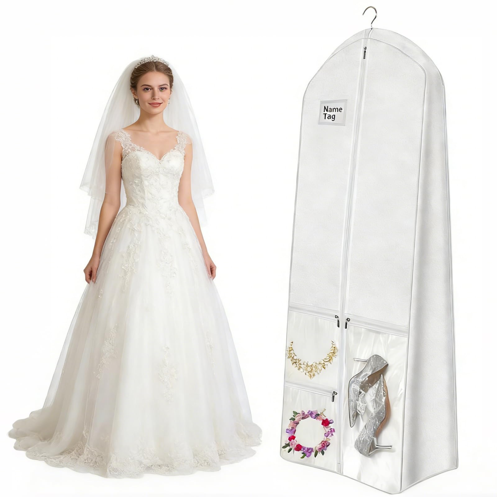 72-inch Wedding Dress Bag,Long Dress Bag, Dustproof and Moisture-Resistant, Lightweight and Portable,Foldable Garment Bag for Wedding Gown, Evening Dress, Prom Dress & Travel