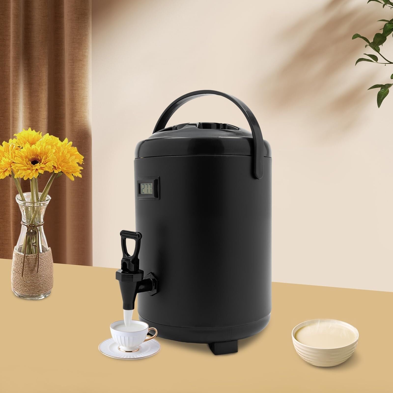 Izolowany dozownik na napoje Pojemnik na kawę z kurkiem i termometrem Dozownik napojów ze stali nierdzewnej z wodą i sokiem do kawy, herbaty(Black,2.1 Gal/8 L)