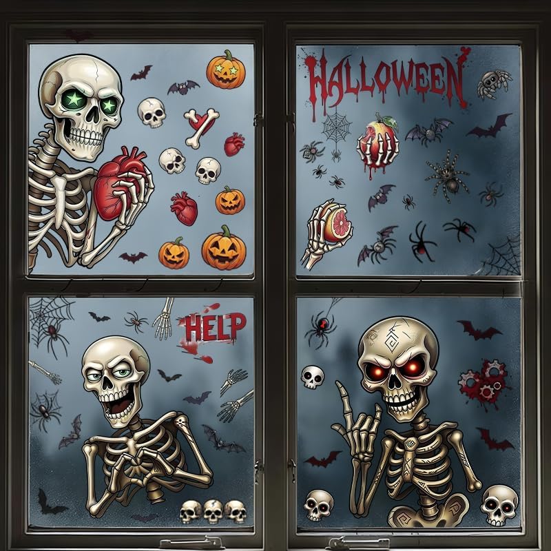 SHUCHING Halloween Skeleton Window Sticker, Bat Window Cling for Glass image 4
