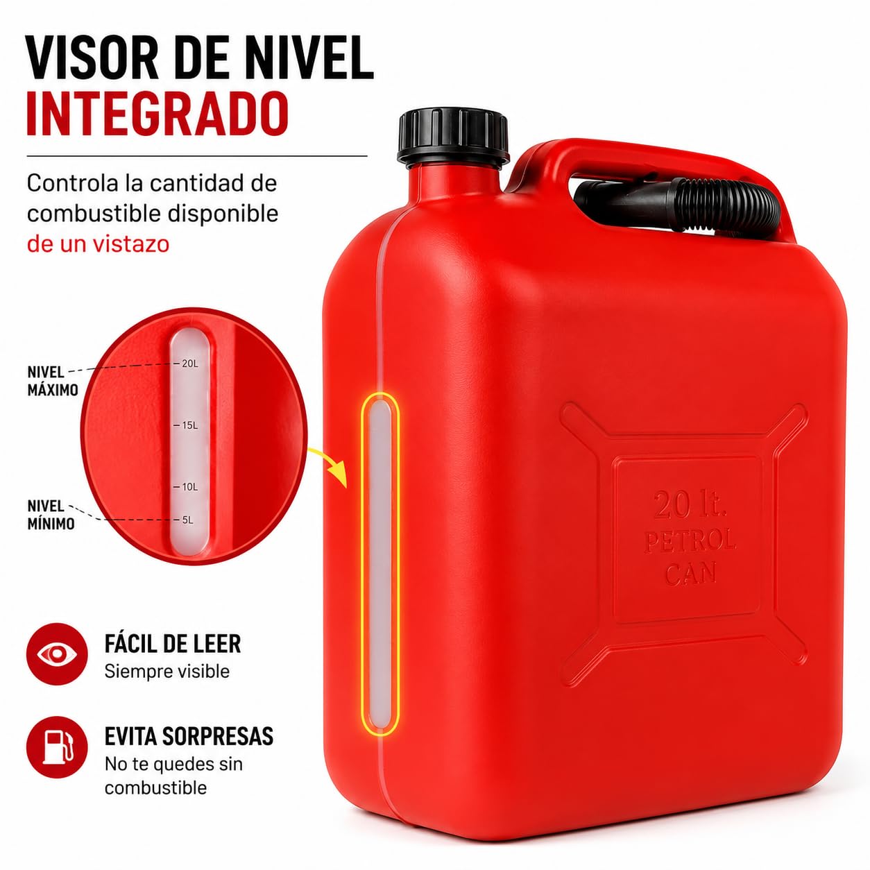 Pack 6 Garrafas Gasolina y Gasoil 20L Homologadas UN – Bidón de Combustible con Cánula Flexible Antigoteo y Visor de Nivel – 120 Litros de Capacidad – Estanqueidad Reforzada – Rojo