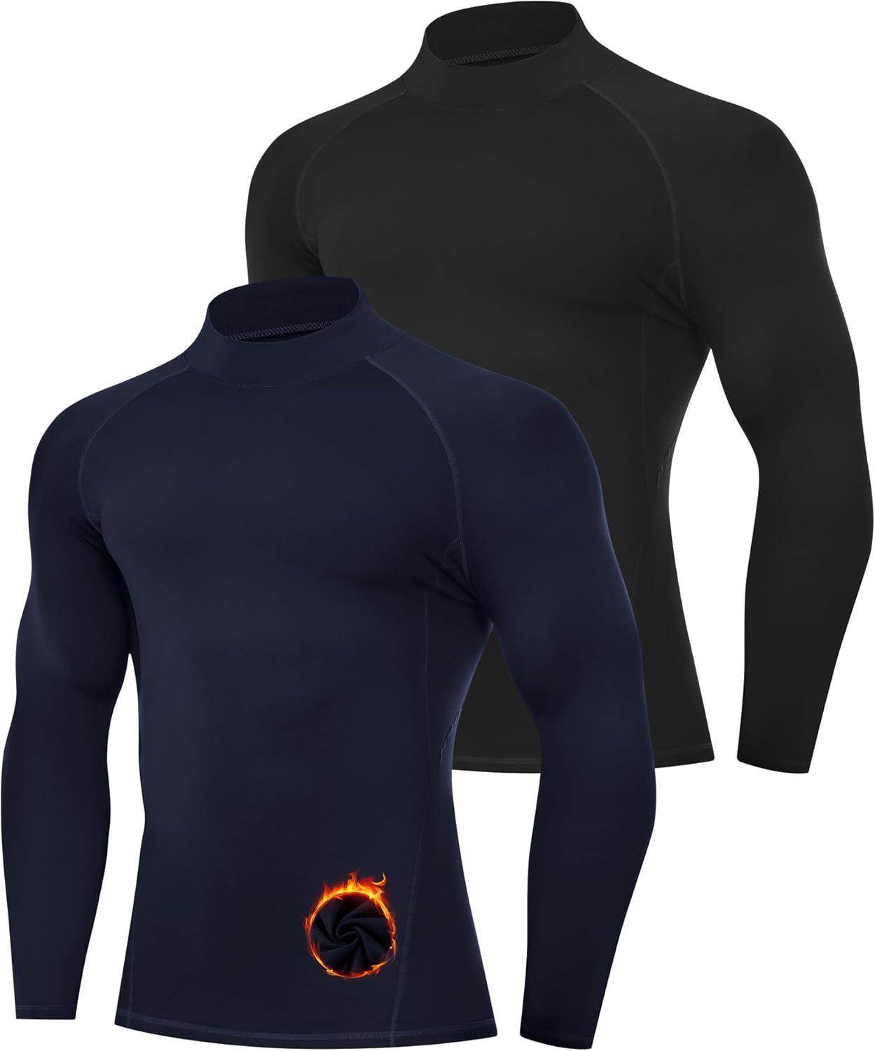 Runhit 2 Pack Men's Thermal Compression Shirts Long Sleeve Mock Turtleneck Fleece Lined Undershirt Athletic Base Layer