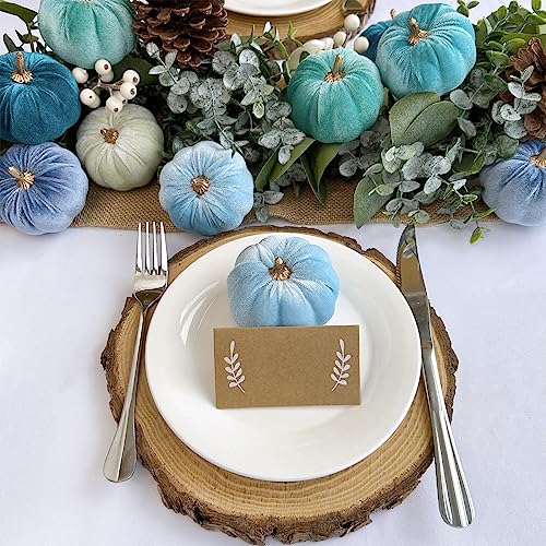 Image of Winlyn 12 Pcs Assorted Small Faux Velvet Pumpkins Decorative Teal Blue Green Turquoise Fabric Foam Pumpkins 3 inch for Farmhouse Fall Wedding Halloween Thanksgiving Table Centerpiece Mantel Decor