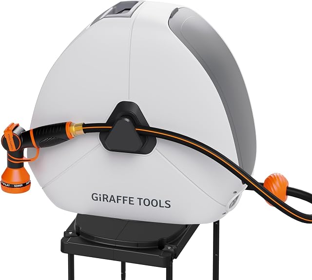 Giraffe Tools Ground Mounted Retractable Hose Reel 1/2 Inch x 130FT, Heavy Duty Automatic Rewind Garden Hose Reel, with Flexible Swivel Base for Lawn, Concrete Floor