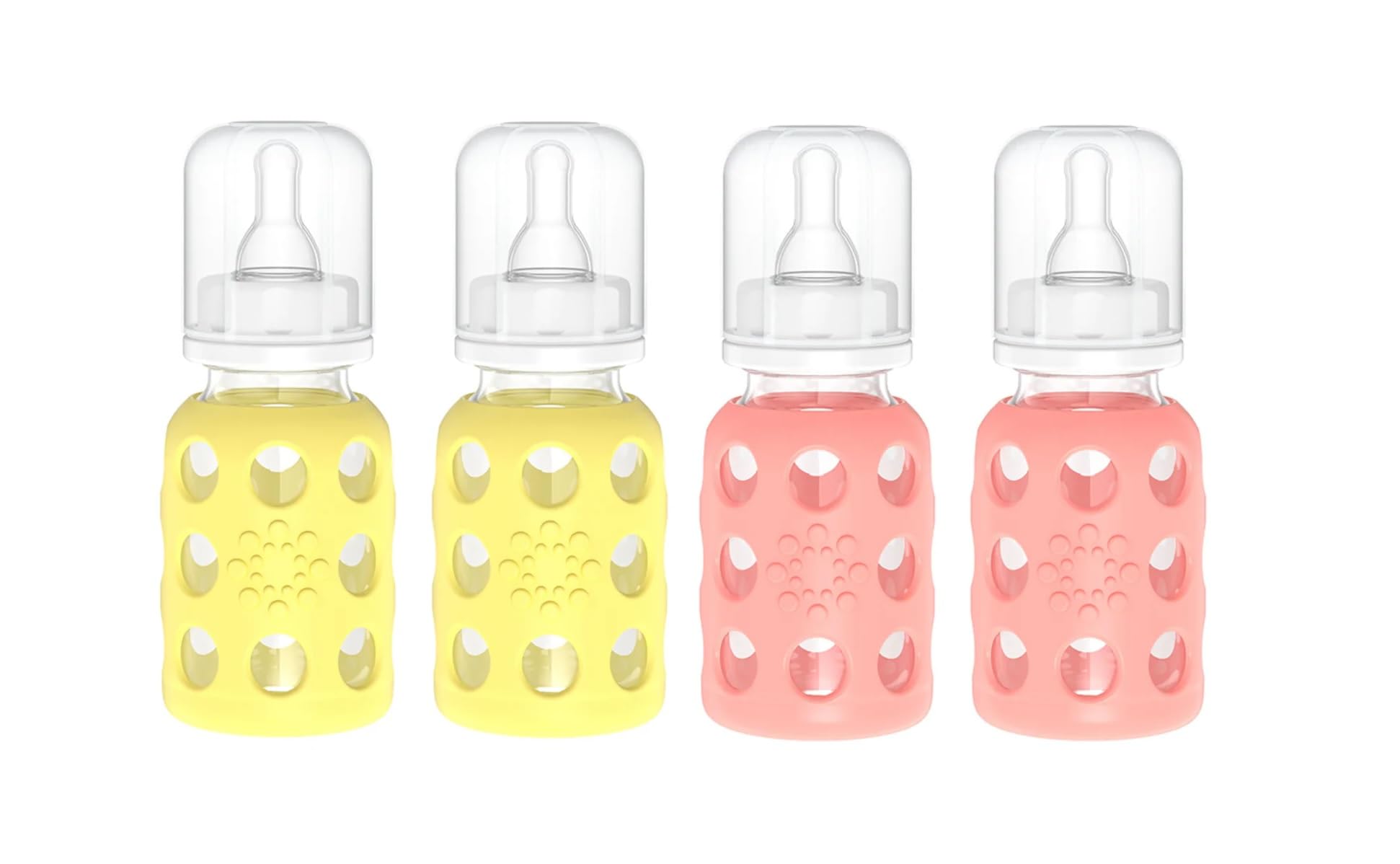 Lifefactory Glass Baby Bottle BPA Free | Protective Silicone Sleeve | 4 oz Pack of 4 | Banana, Cantaloupe